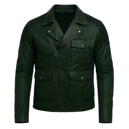 Asymmetrical Dark Green Cafe Racer Jacket