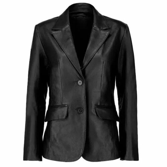Womens Two Button Real Black Leather Blazer Jacket
