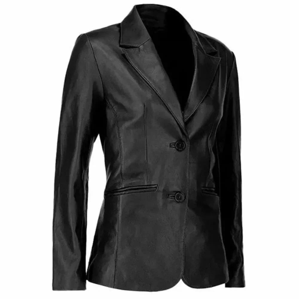 Womens Two Button Real Black Leather Blazer - Side View