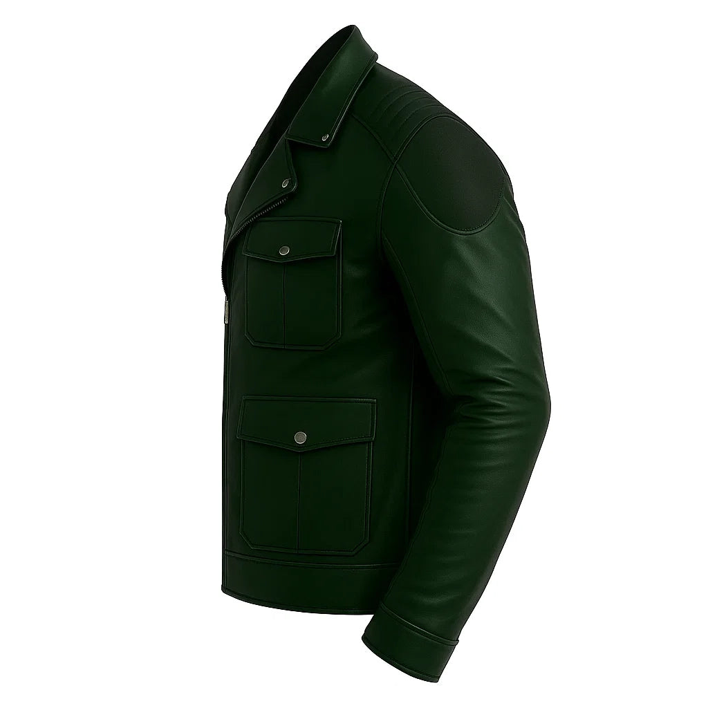 Asymmetrical Dark Green Cafe Racer Jacket