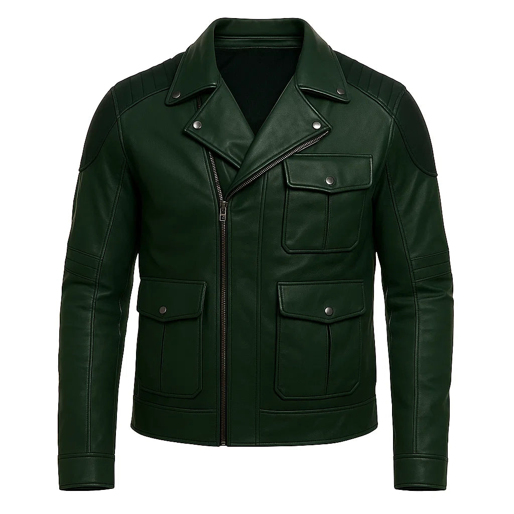 Asymmetrical Dark Green Cafe Racer Jacket