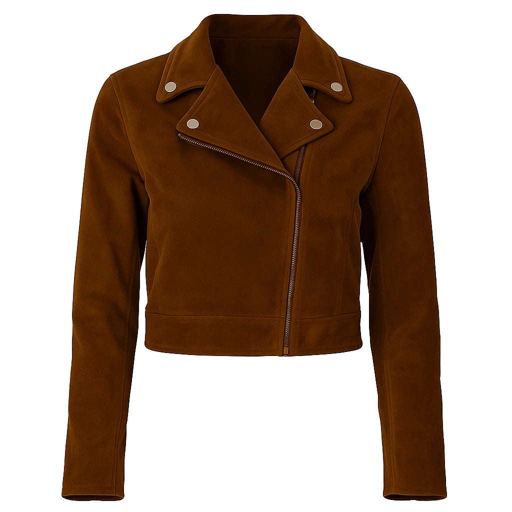Cropped Biker Brown Suede Jacket