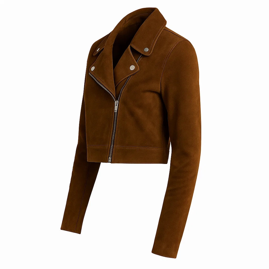 Cropped Biker Brown Suede Jacket