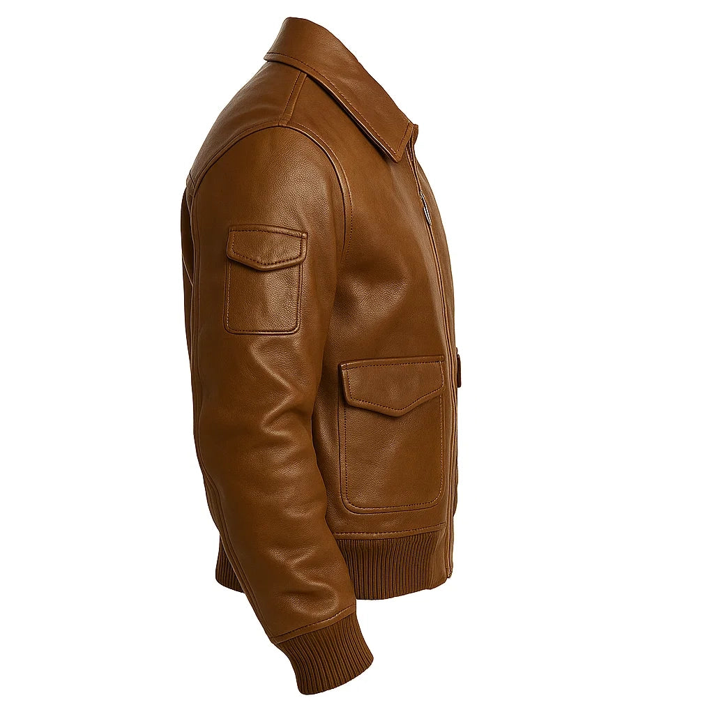 Men Brown Bomber Leather Jacket