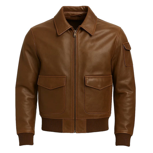 Men Brown Bomber Leather Jacket
