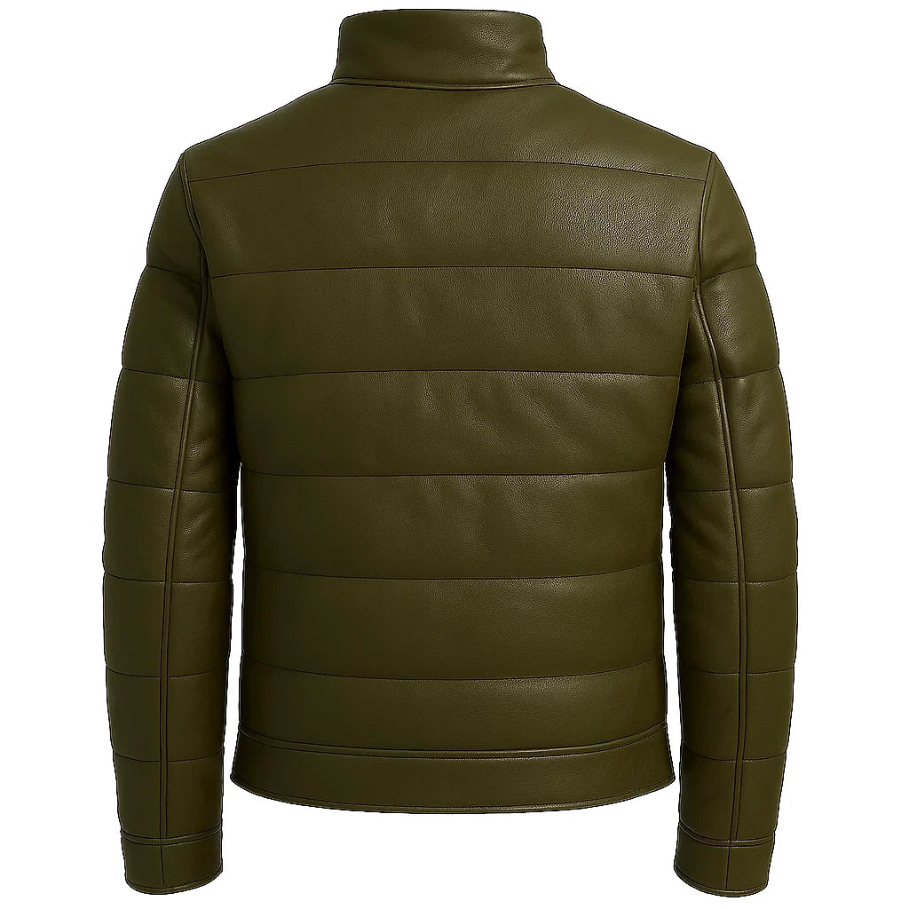 Men Puffer Green Leather Jacket