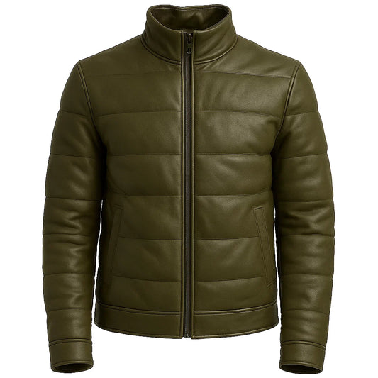 Men Puffer Green Leather Jacket