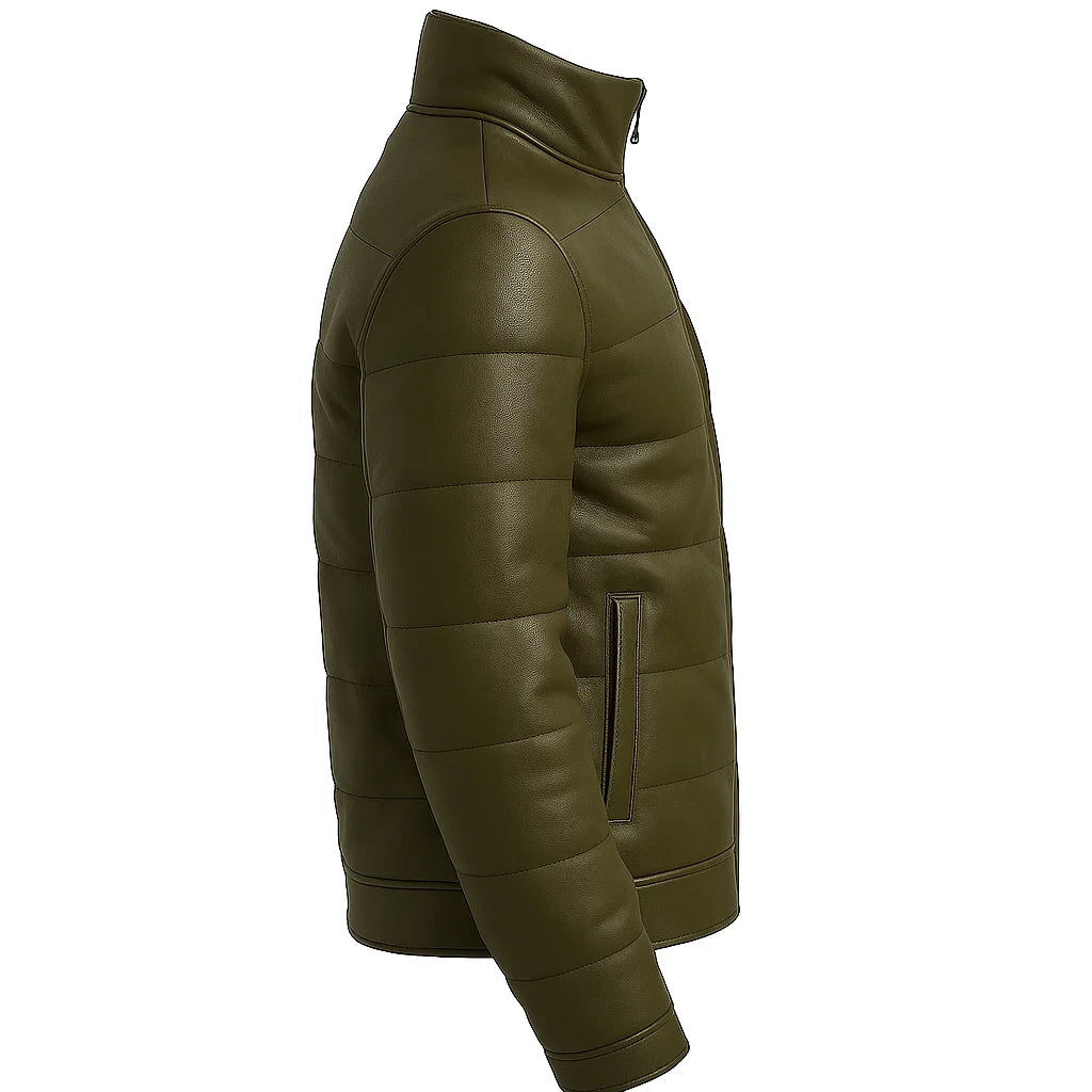 Men Puffer Green Leather Jacket