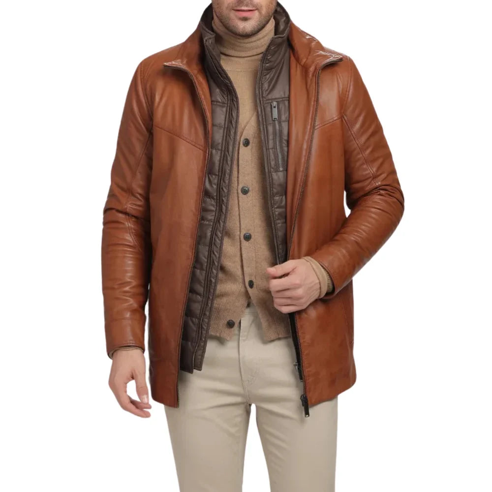 Men's Genuine Brown Lamb Leather Coat with Removable Quilted Vest