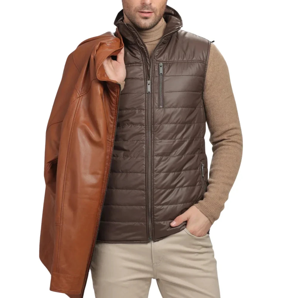 Men's Genuine Brown Lamb Leather Coat with Removable Quilted Vest