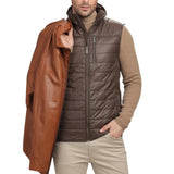 Men's Genuine Brown Lamb Leather Coat with Removable Quilted Vest