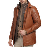 Men's Genuine Brown Lamb Leather Coat with Removable Quilted Vest