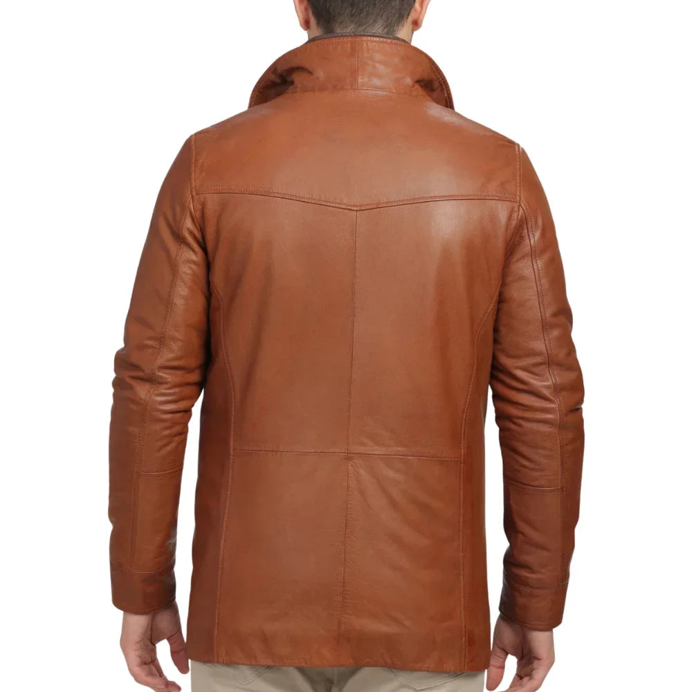 Men's Genuine Brown Lamb Leather Coat with Removable Quilted Vest
