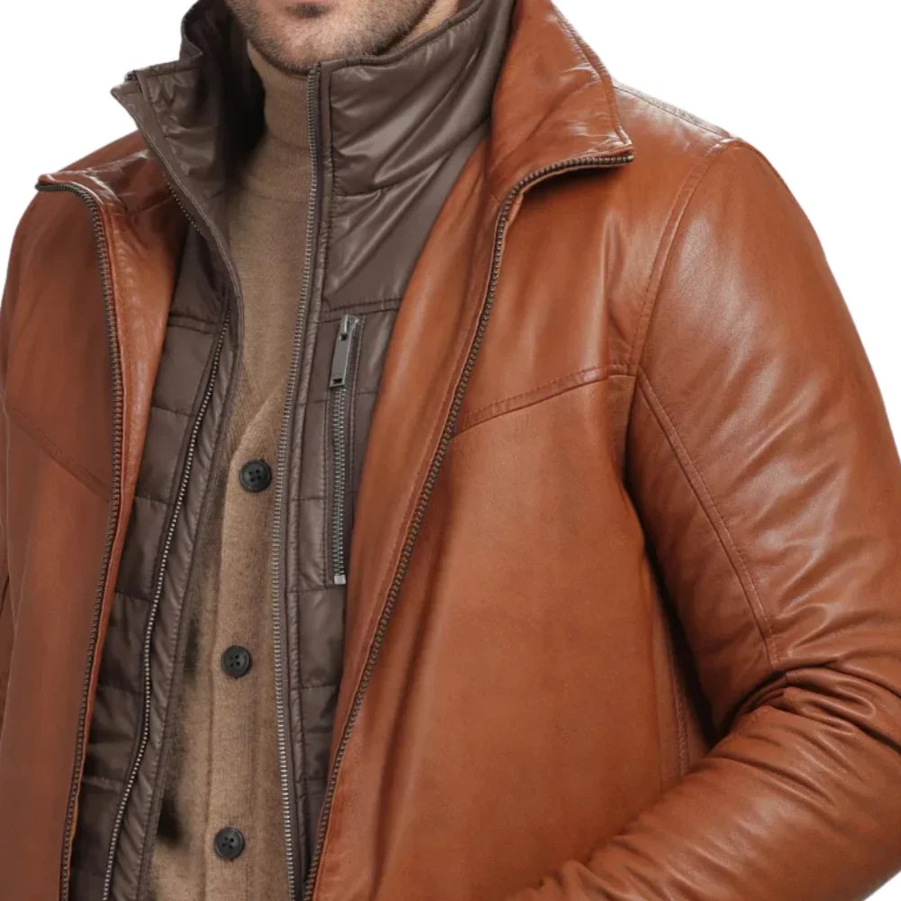 Men's Genuine Brown Lamb Leather Coat with Removable Quilted Vest