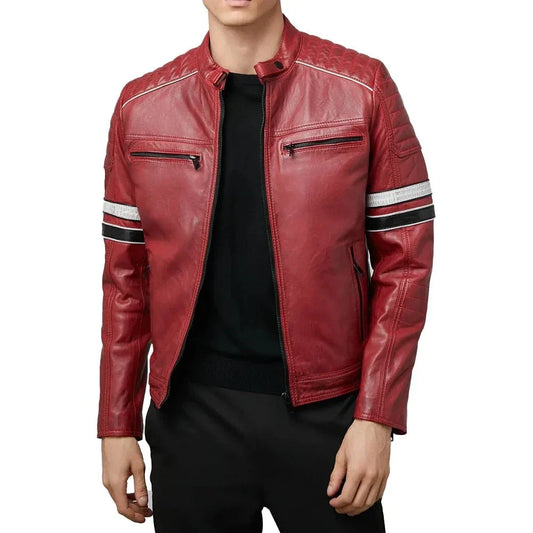 Madrid Mens Quilted Red Leather Racing Jacket