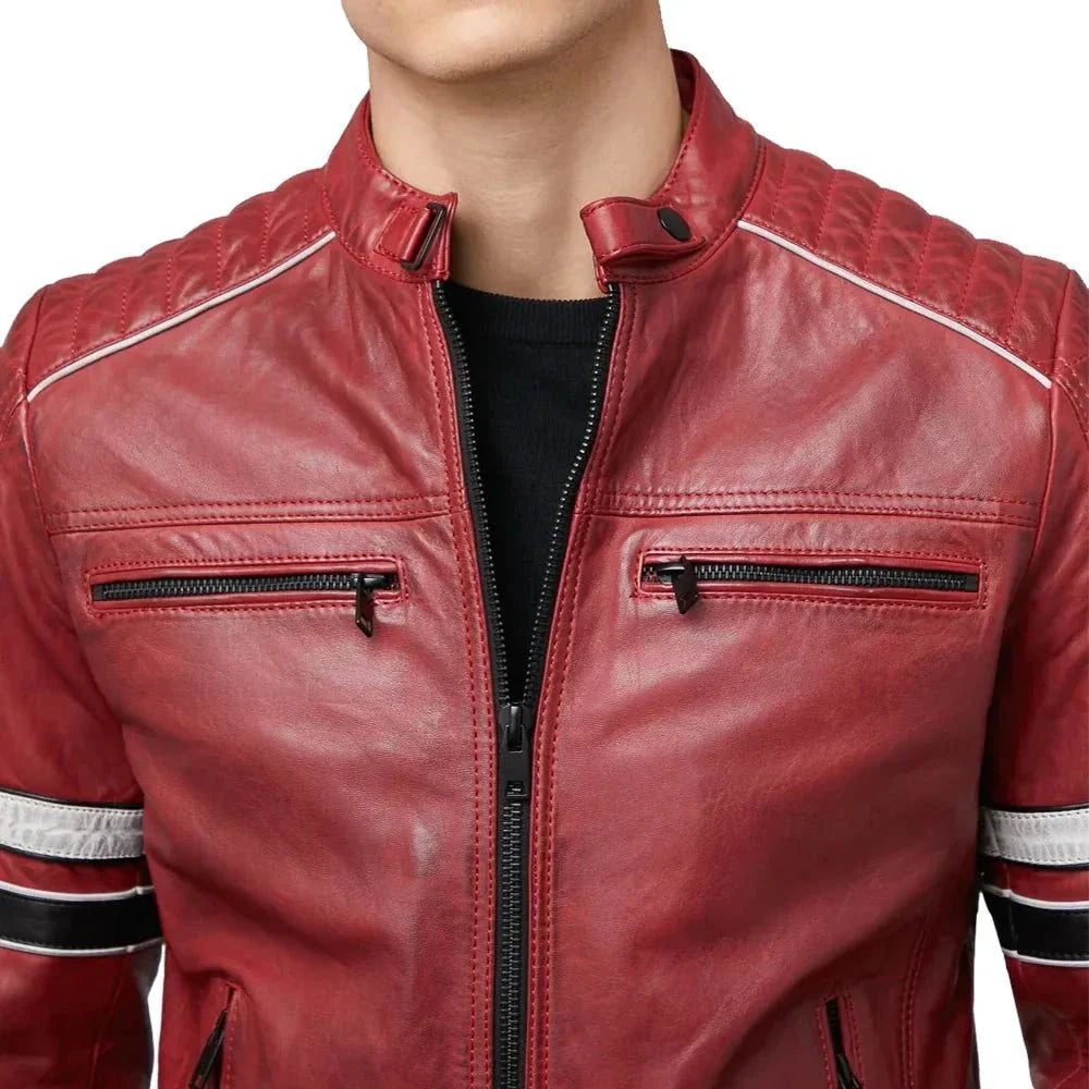 Mens Quilted Red Leather Racing Jacket with Stripes