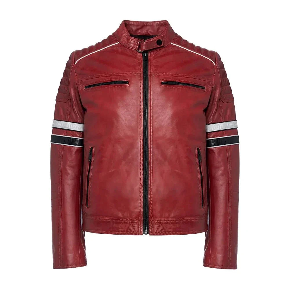 Madrid Mens Quilted Red Leather Racing Jacket with Stripes