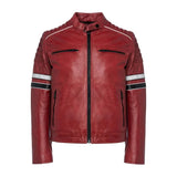 Madrid Mens Quilted Red Leather Racing Jacket with Stripes