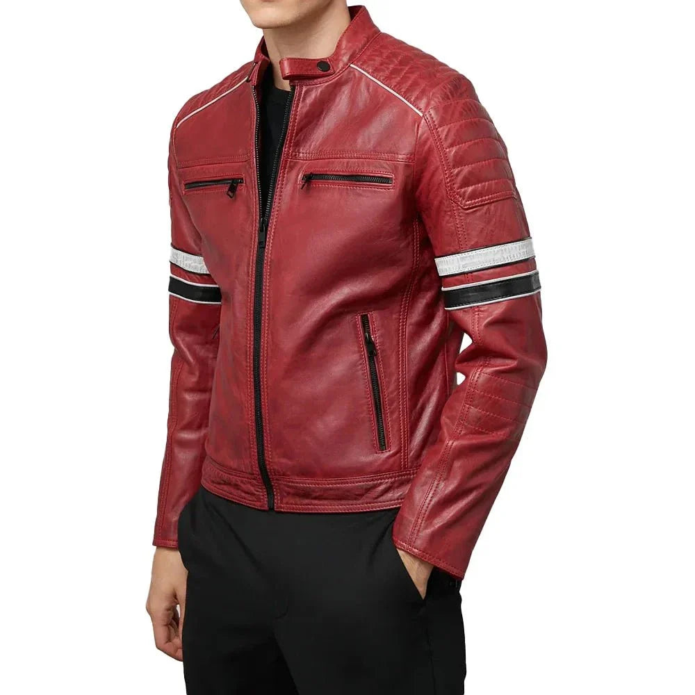 Madrid Quilted Red Leather Racing Jacket with Stripes