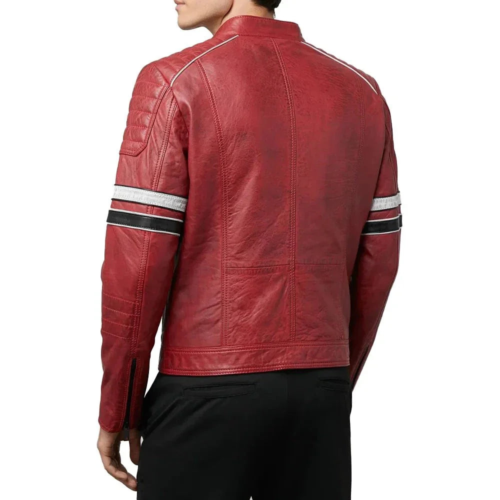 Madrid Mens Quilted Red Leather Jacket with Stripes
