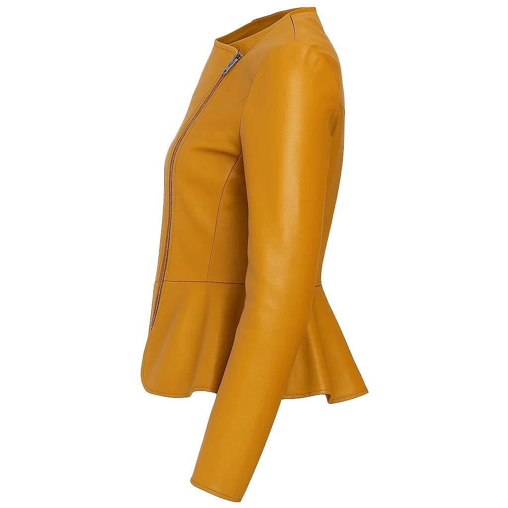 Women Mustard Peplum Leather Jacket