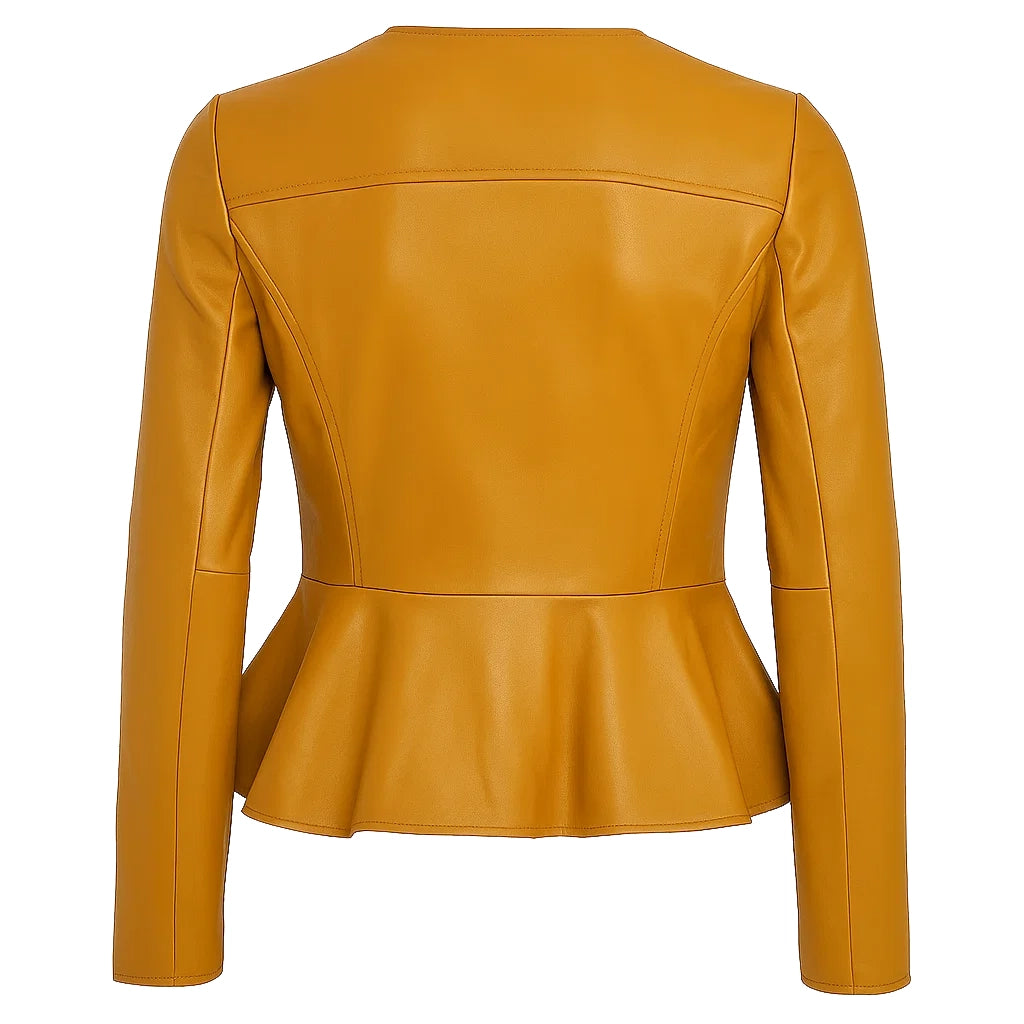Women Mustard Peplum Leather Jacket