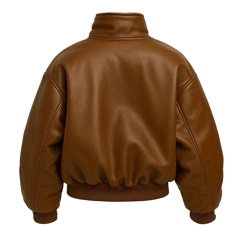 Oversized Bomber Brown Leather Jacket