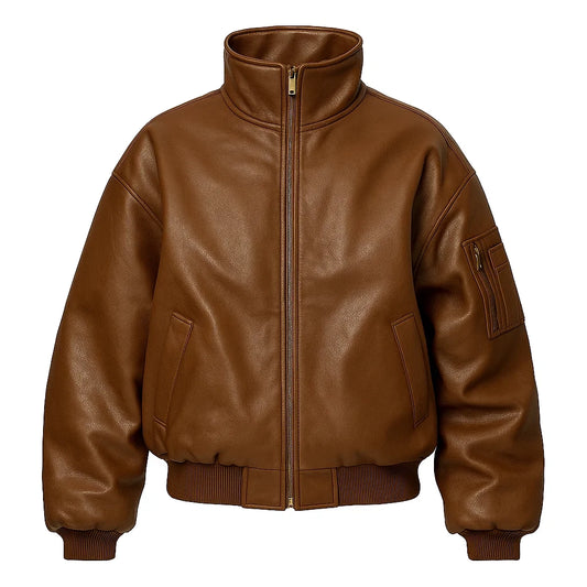 Oversized Bomber Brown Leather Jacket