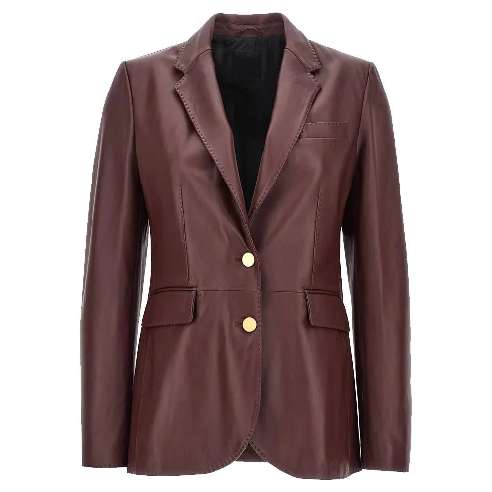 Premium Women Maroon Leather Blazer