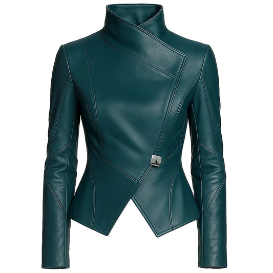 Women Asymmetric Wrap Leather Jacket