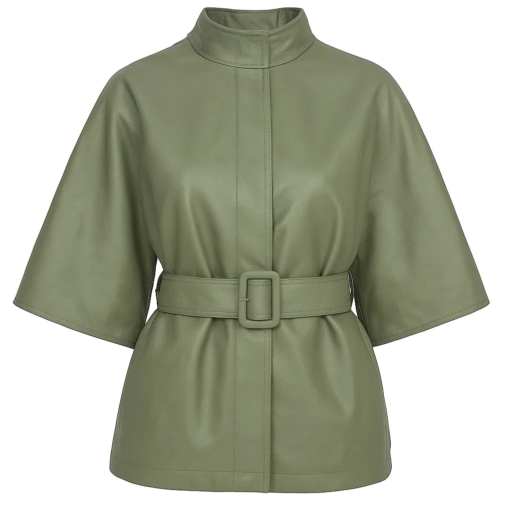 Women Green Belted Cape Coat