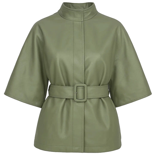 Women Green Belted Cape Coat