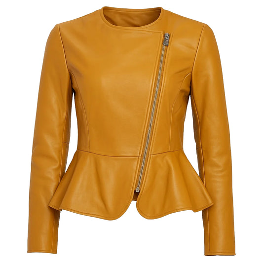 Women Mustard Peplum Leather Jacket