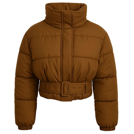 Women Cropped Brown Puffer Jacket