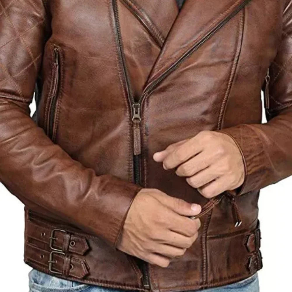 Men's Quilted Dark Brown Leather Biker Jacket