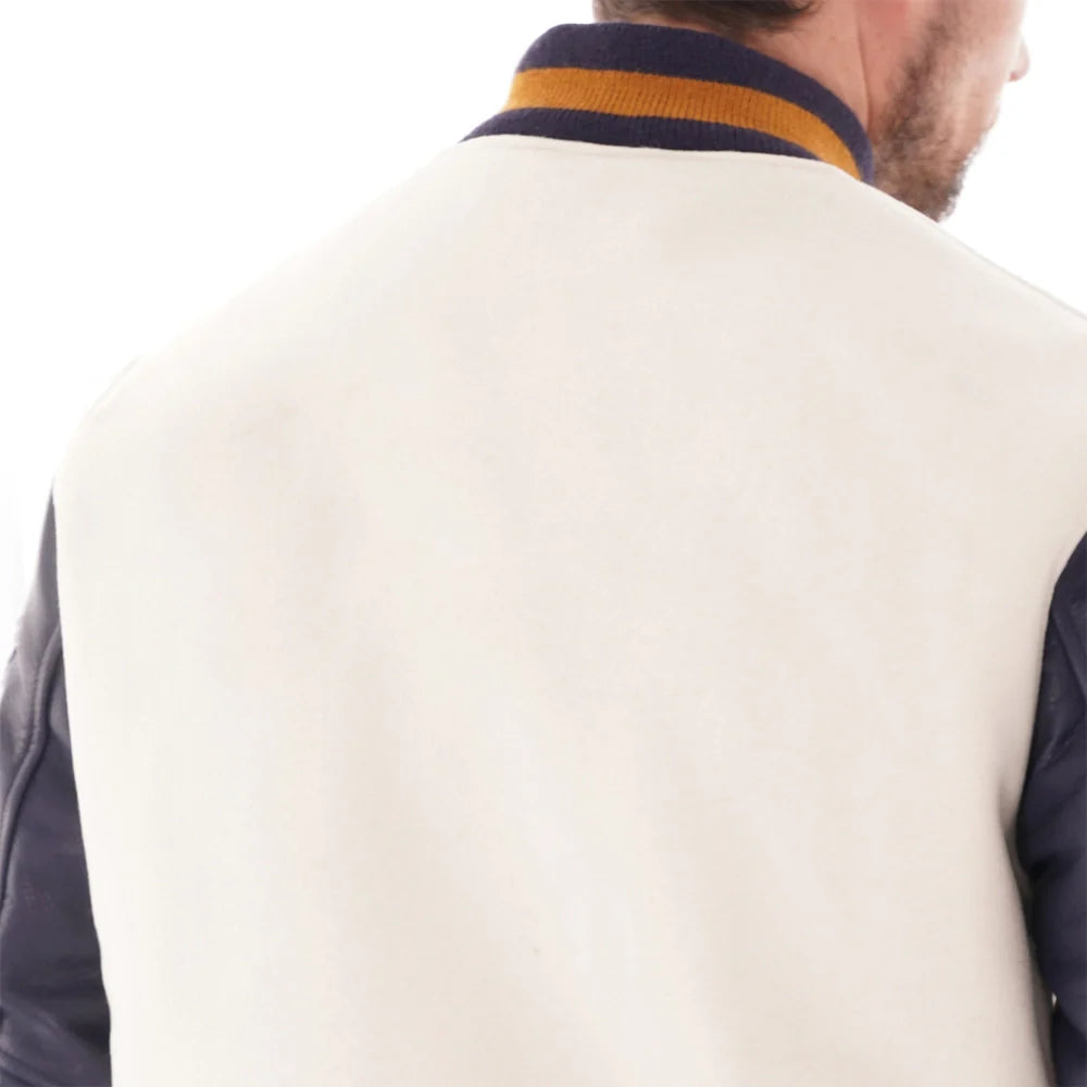 Wool Off White Varsity Jacket With Purple Leather Sleeves