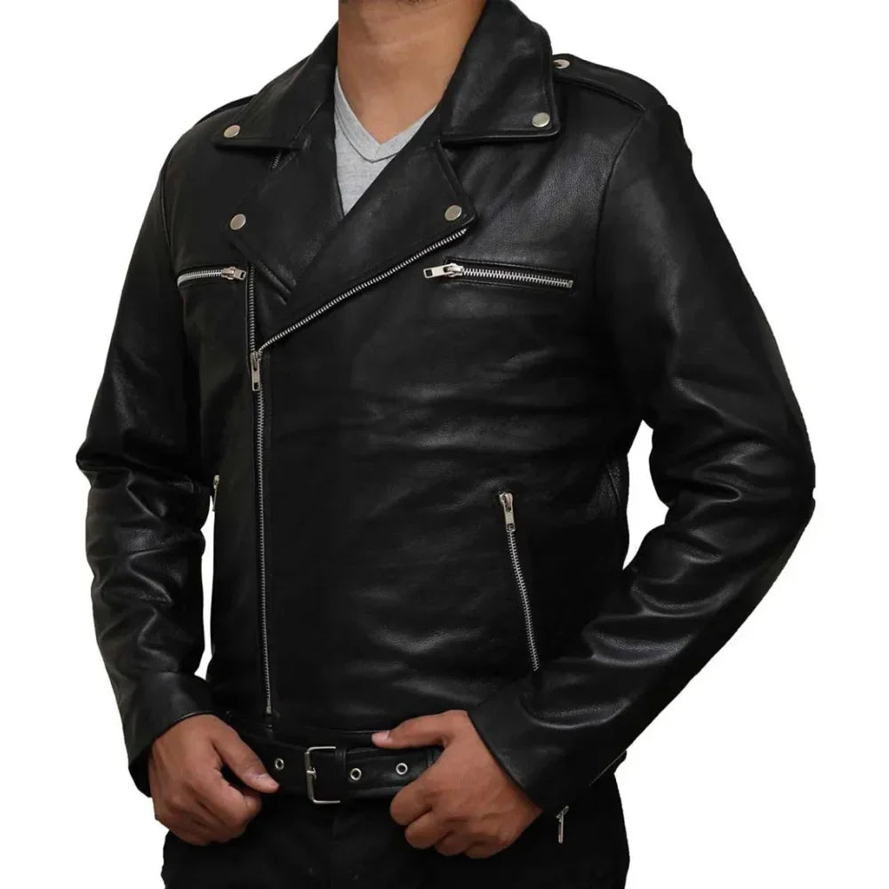 Negan Men's Black Belted Asymmetrical Moto Leather Jacket