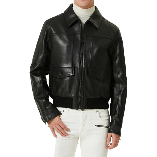 Men's Black Flight Pilot A2 Aviator Leather Jacket - Front View
