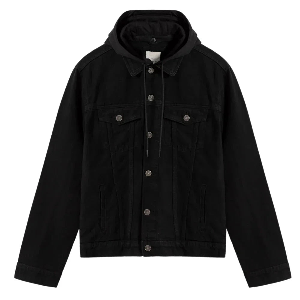 Black Hooded Denim Jacket For Mens