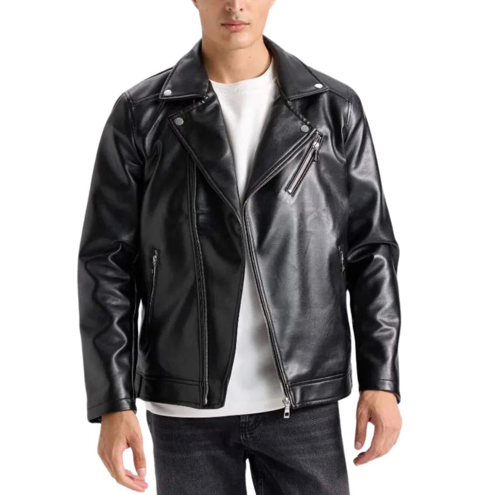 Polo Collar Black Men Biker Leather Jacket