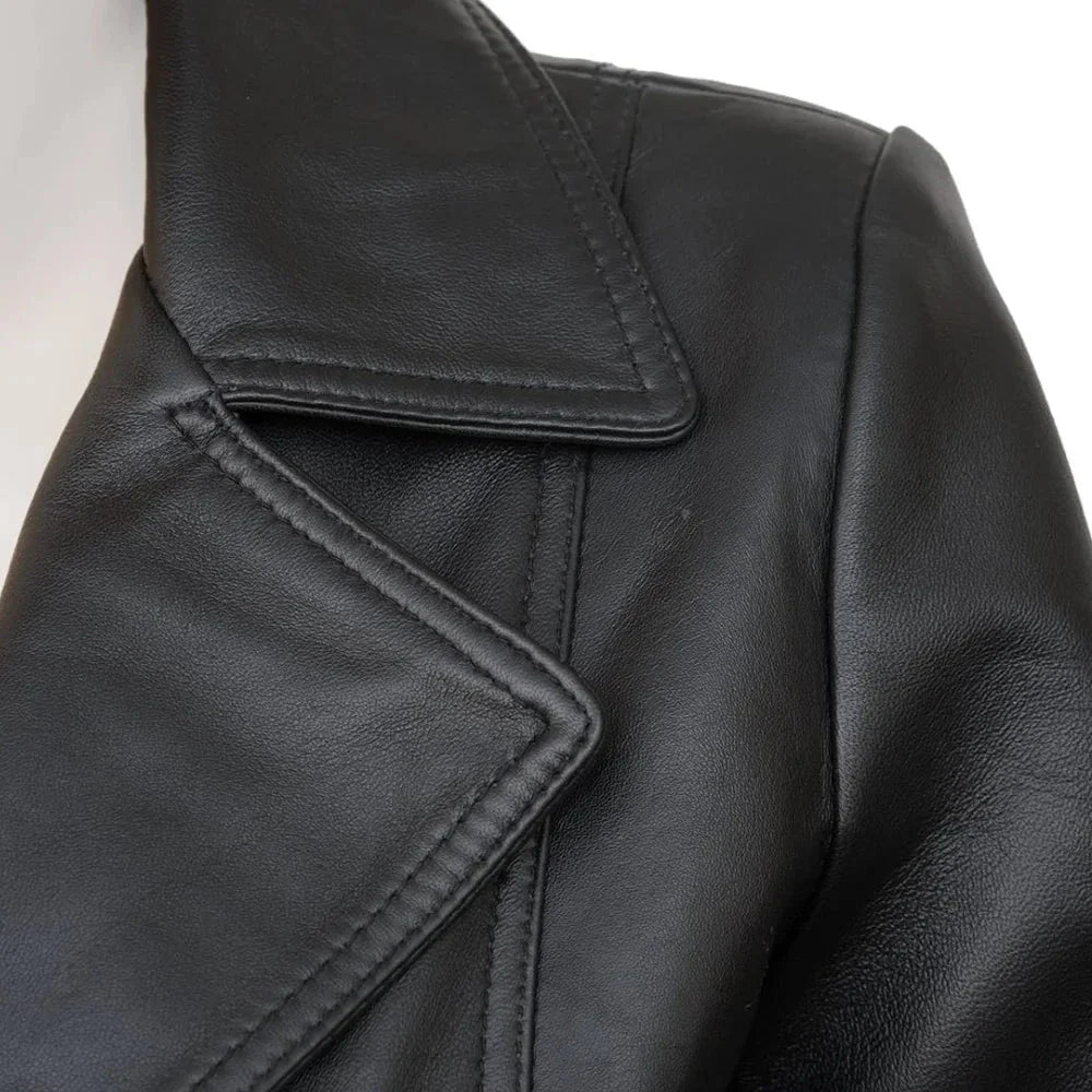 Real Lambskin Notch Lapel Ladies Black Leather Blazer - Close Up