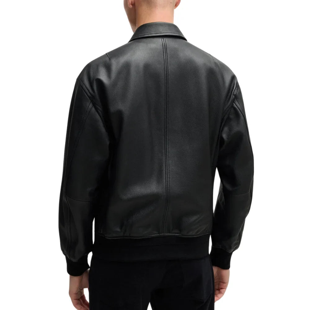 Men's Lamsbkin Black Relaxed Fit Black Bomber Jacket