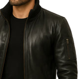 Men's Black Cowhide Leather Bomber Jacket