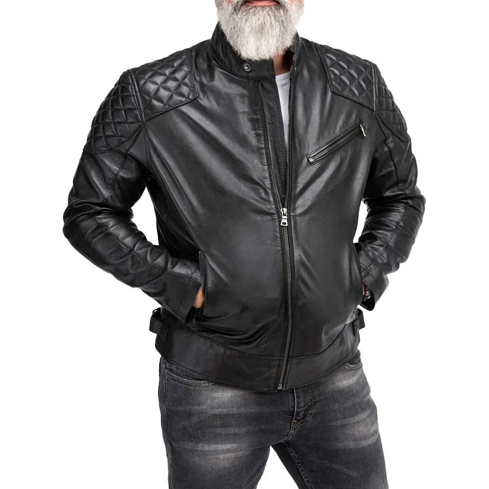 Mens Padded Black Cafe Racer Leather Jacket