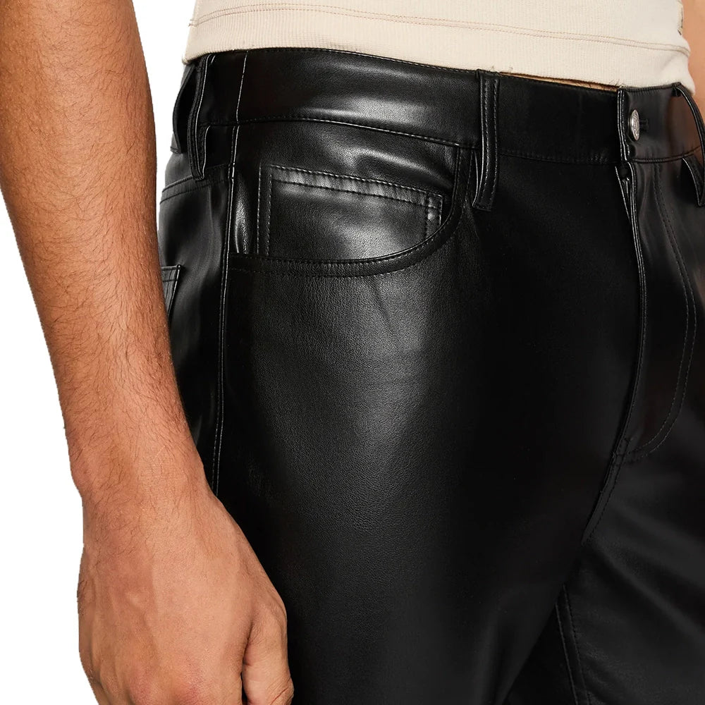 Straight Fit Black Leather Pants Mens