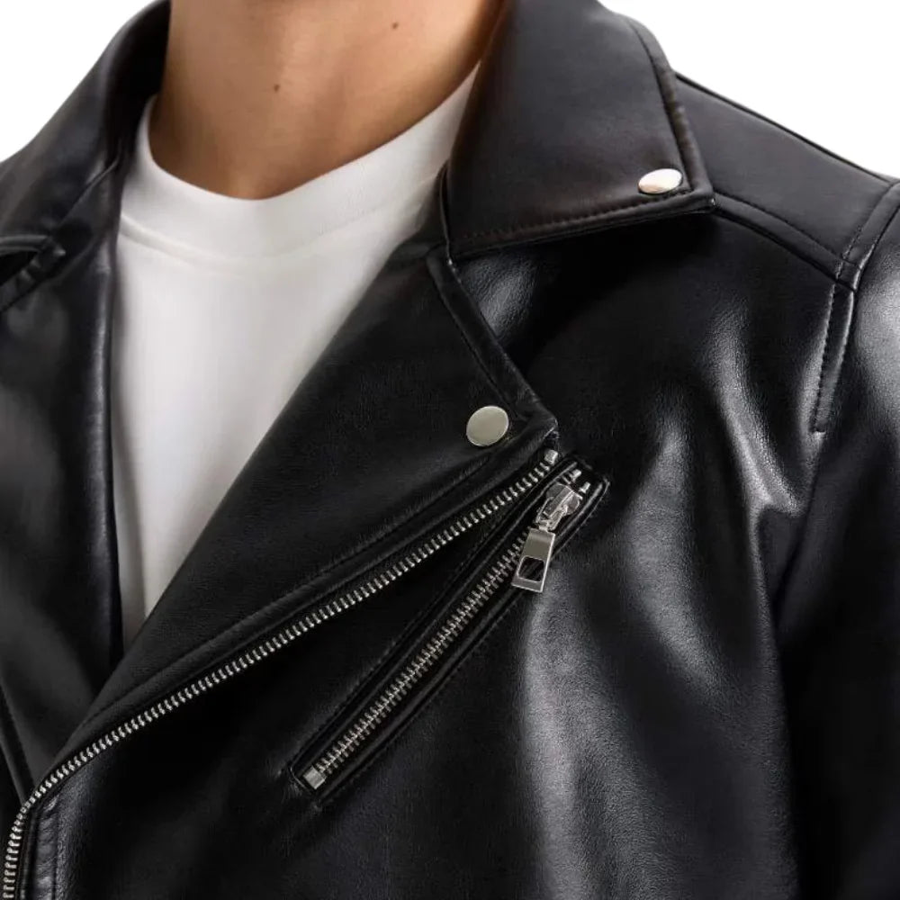 American Collar Black Men Biker Leather Jacket