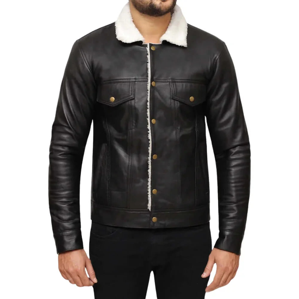 Men's Sherpa Black Leather Trucker Jacket