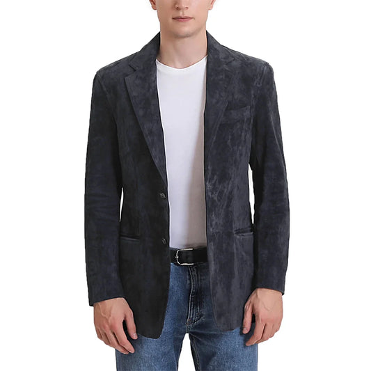 Classic Slim fit Two Button Mens Blue Leather Blazer