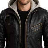Mens Black Leather Bomber Jacket With Removable Hood