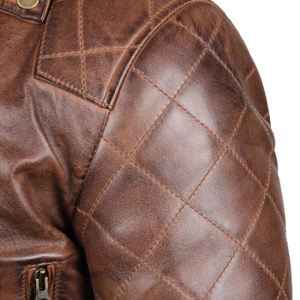 Men's Quilted Asymmetrical Brown Leather Biker Jacket